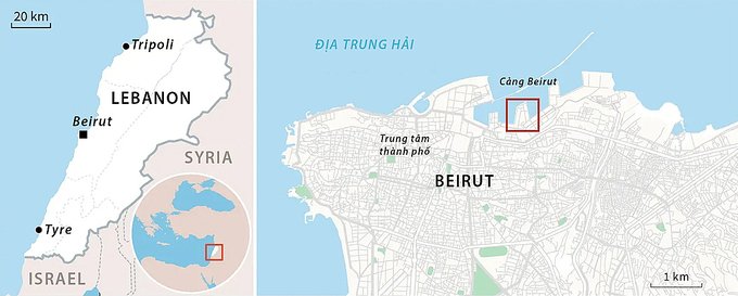 Khu vực xảy ra vụ nổ ở thủ đô Beirut, Lebanon, hôm 4/8. Đồ họa: AFP.