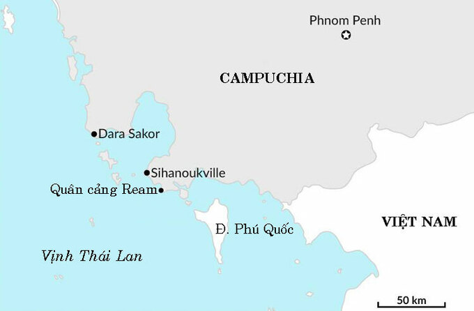 Vị trí sân bay Dara Sakor và quân cảng Ream ở tây nam Campuchia. Đồ họa: GIS.