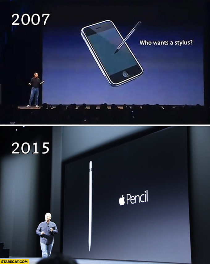 4 năm sau ngày Steve Jobs mất, Tim Cook đã đưa bút cảm ứng trở lại với Apple. Ảnh: Starecat.