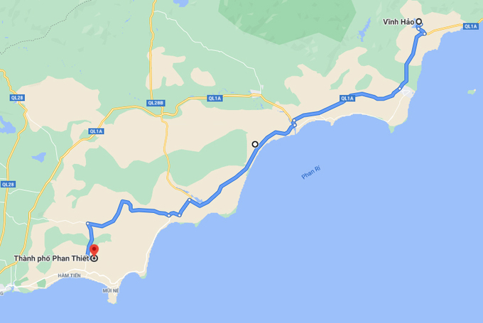 Vị trí từ TP Phan Thiết đến Vĩnh Hảo. Ảnh: Google maps.