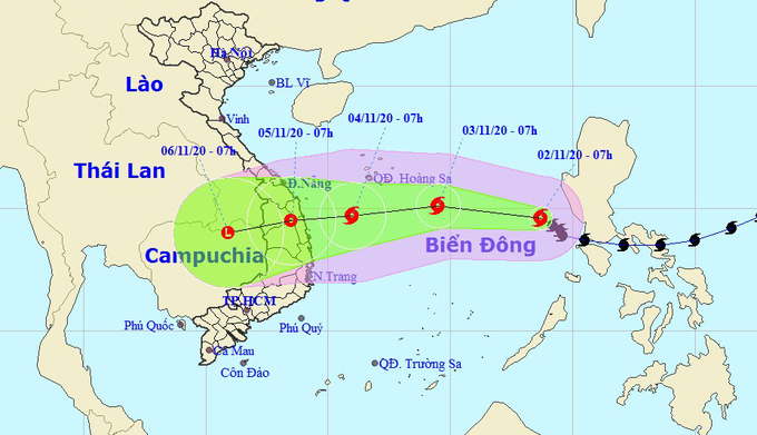 Dự kiến hướng đi và vùng ảnh hưởng của bão Goni. Ảnh: NCHMF