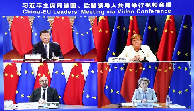 Chủ tịch Trung Quốc Tập Cận Bình họp trực tuyến với một số lãnh đạo châu Âu vào tháng 9/2020. Ảnh: Zuma Press.