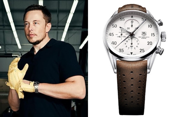 Musk có thú chơi đồng hồ độc đáo. Anh hiếm khi chọn đồng hồ hào nhoáng đắt tiền đến từ các thương hiệu đình đám. Thay vào đó, anh chọn thiết kế đề cao tính thiết thực gắn với thương hiệu của chính mình: TAG Heuer Carrera Calibre 1887 Space X. Thiết kế được lấy cảm hứng từ Heuer 2915A -  chiếc đồng hồ bấm giờ đã biến TAG Heuer trở thành thương hiệu đầu tiên xuất hiện ngoài trái đất - của đại tá John Glenn.   Là phiên bản được phát hành giới hạn vào năm 2012 để tôn vinh tham vọng của SpaceX đưa người lên sao Hỏa năm 2024, đồng hồ mang họa tiết tên lửa ở cả hai mặt. Nó từng bay lên vũ trụ, du hành trên tàu Dragon của Space X trong nhiệm vụ đến Trạm vũ trụ quốc tế. Với cọc số theo kiểu 1/5, nó được coi là một công cụ hoàn hảo giúp Elon Musk chia thời gian để thực hiện khối lượng công việc hàng ngày. Trước khi bắt tay hãng đồng hồ thụy sĩ TAG Heuer, anh từng đeo chiếc Omega Seamaster Aqua Terra. Ảnh: Instagram Elon Musk.