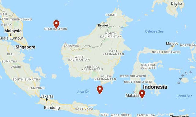 Vị trí ba tàu lặn được tìm thấy gần Indonesia trong hai năm qua. Đồ họa: Google Maps.