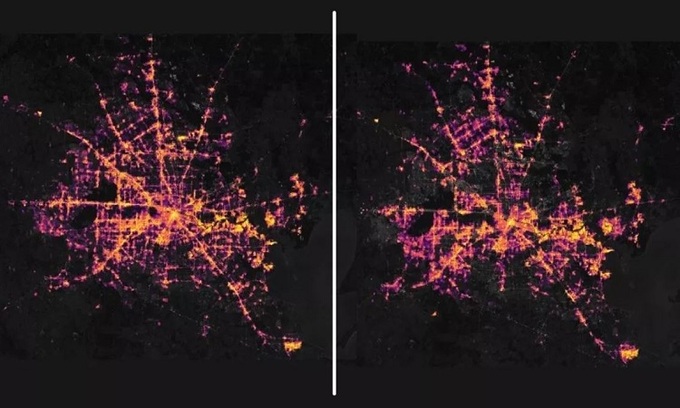 Thành phố Houston, Texas trước và sau khi bị mất điện trên diện rộng. Ảnh: NASA.