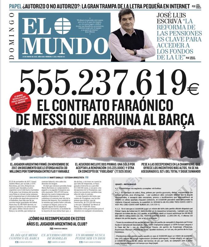 Trang nhất tờ El Mundo số ra hôm 31/1 gây rúng động vì các thông tin chi tiết về hợp đồng của Messi với Barca.